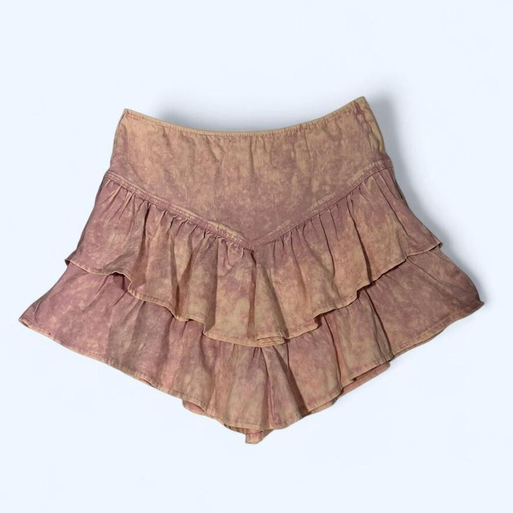 LFD Women's Pink and Yellow Acid Wash Denim Ruffle Tiered Mini Skirt